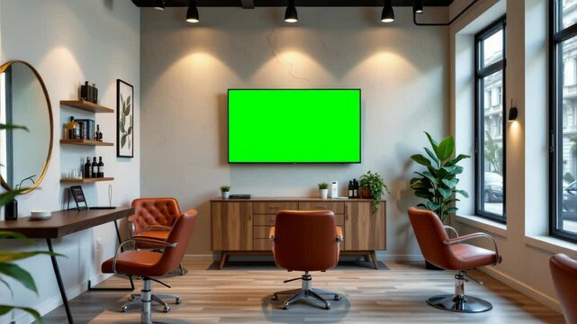 A modern hair salon interior with stylish chairs, large windows, plants, and a wall-mounted screen with a green chroma key.