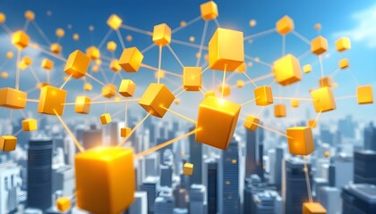 Blockchain network visualized with golden interconnected blocks.