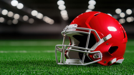 Vibrant red football helmet rests green field, showcasing its sleek design and protective features. scene evokes excitement