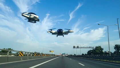 Autonomous aerial vehicles hover above highway signifying future transportation