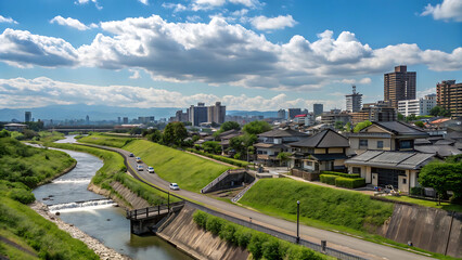 blue sky dotted with fluffy white clouds. In the foreground, there  s a lush green embank men
