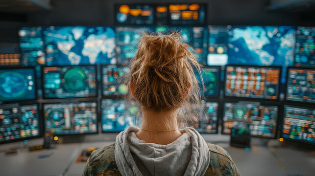 Back view of a female technician analyzing data in a futuristic control room. Surrounded by global connectivity maps, digital networks, and high-tech interfaces, symbolizing precision and innovation. - Powered by Adobe