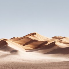 Smooth, undulating sand dunes stretch across a vast, pale desert under a clear, light-blue sky