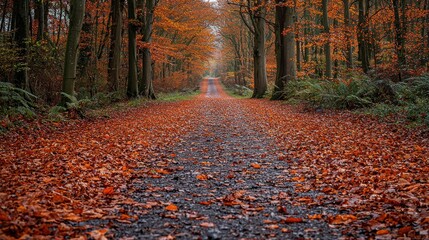 Fototapeta premium Autumnal forest path lined with vibrant orange leaves. 
