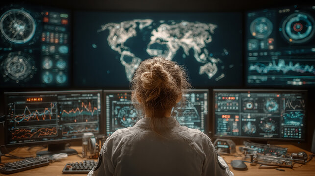 Back view of a female technician analyzing data in a futuristic control room. Surrounded by global connectivity maps, digital networks, and high-tech interfaces, symbolizing precision and innovation. - Powered by Adobe