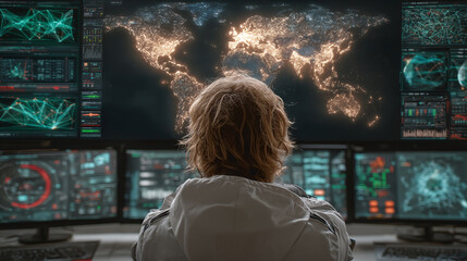 Back view of a female technician analyzing data in a futuristic control room. Surrounded by global connectivity maps, digital networks, and high-tech interfaces, symbolizing precision and innovation.