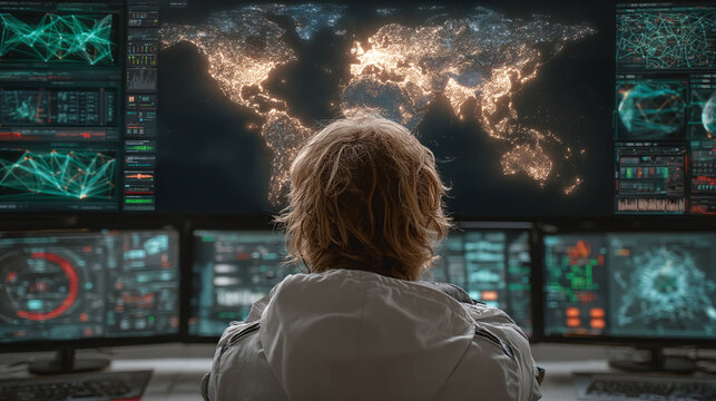 Back view of a female technician analyzing data in a futuristic control room. Surrounded by global connectivity maps, digital networks, and high-tech interfaces, symbolizing precision and innovation.