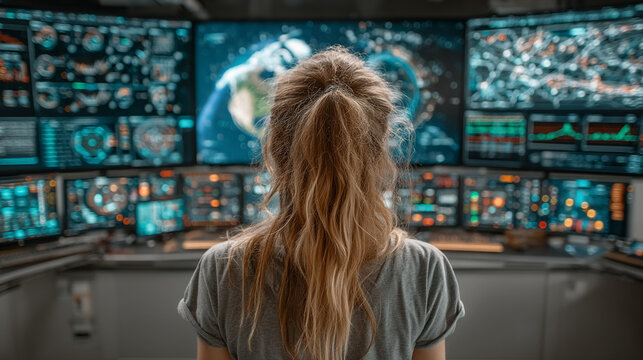 Back view of a female technician analyzing data in a futuristic control room. Surrounded by global connectivity maps, digital networks, and high-tech interfaces, symbolizing precision and innovation.