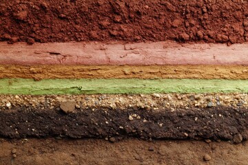 A close-up reveals distinct strata of earth, showcasing varying colors and textures, from deep reds to lighter browns, tan, and green, with a gravelly bottom layer