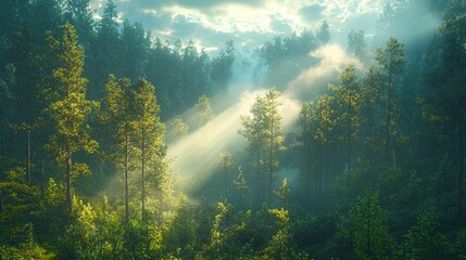 Obraz premium Sunlight streams through a misty forest. Lush green pines stand tall, bathed in golden rays