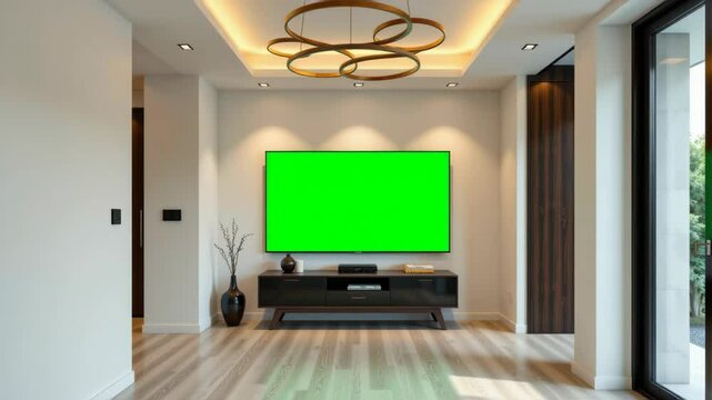 A modern living room features a large flat-screen TV with a green screen on a sleek entertainment unit.