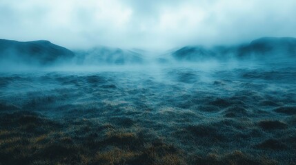 Fototapeta premium Misty, ethereal landscape shrouded in a thick fog. A vast expanse of low-lying, undulating terrain covered in muted greens and browns, hinting at a hidden, volcanic landscape