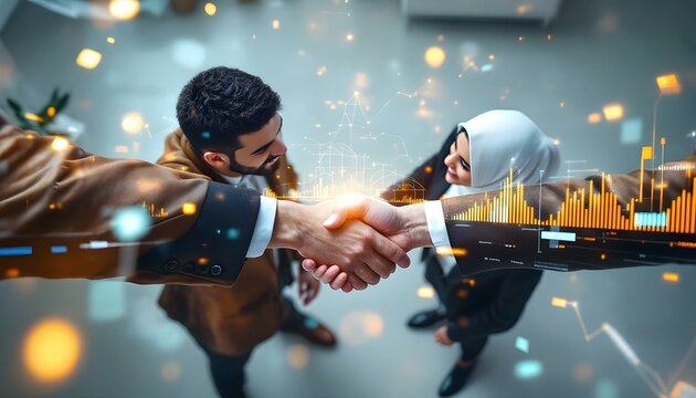 Business handshake with digital overlay of data streams and holographic graphs, symbolizing partnership and technology. - Powered by Adobe