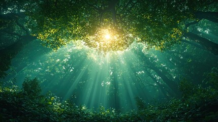 Fototapeta premium Sunlight filtering through a dense forest canopy. Lush greenery and vibrant light create a mystical atmosphere