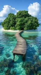 Tropical island walkway, clear water, vacation