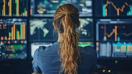 Back view of a female technician analyzing data in a futuristic control room. Surrounded by global connectivity maps, digital networks, and high-tech interfaces, symbolizing precision and innovation.