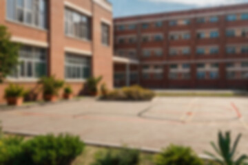 blurry school yard, with a yard full of trees and sunny weather, blurry school yard background