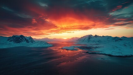 Fototapeta premium Vivid sunset over a snow-capped fjord landscape.