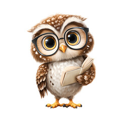 Fototapeta premium Charming cartoon owl, wise expression, holding a book, perfect for educational themes, adds a playful touch to learning materials. Isolated on white background or PNG
