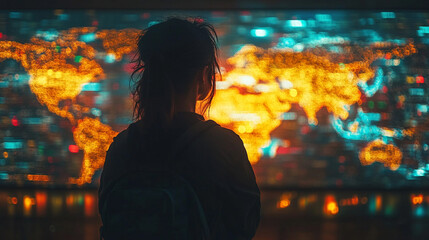 Back view of a female technician analyzing data in a futuristic control room. Surrounded by global connectivity maps, digital networks, and high-tech interfaces, symbolizing precision and innovation.