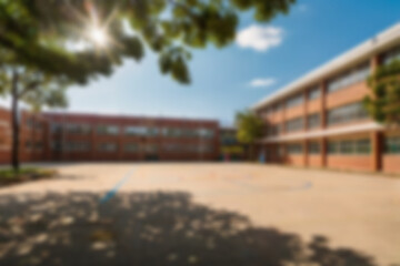 Obraz premium blurry school yard, with a yard full of trees and sunny weather, blurry school yard background