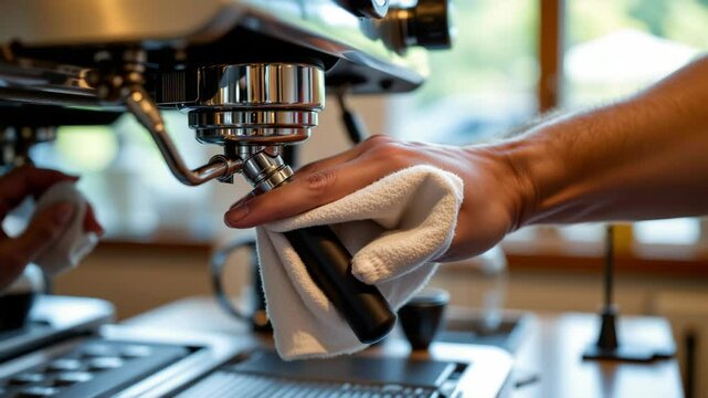 A close-up of a hand cleaning a portafilter on an espresso machine with a cloth in a caf&eacute; setting.