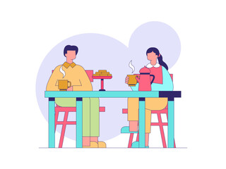 Couple chatting while enjoying tea. Tea illustration. Flat outline vector illustration concept.