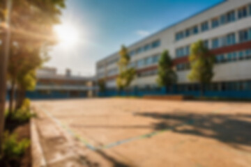 blurry school yard, with a yard full of trees and sunny weather, blurry school yard background