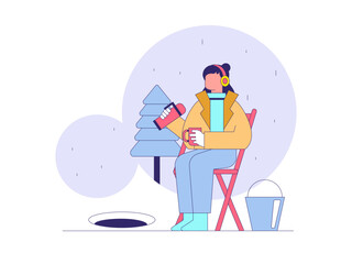 Woman enjoying tea while snowing. Tea illustration. Flat outline vector illustration concept.
