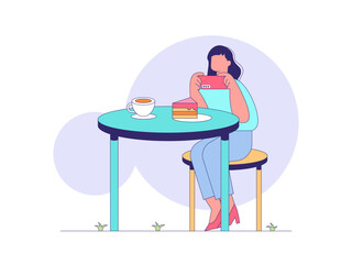 Girl taking pictures of food on the table. Tea illustration. Flat outline vector illustration concept.