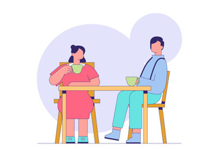 Couple dating while enjoying tea.Tea illustration. Flat outline vector illustration concept.