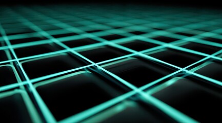 Teal glowing grid lines intersect, forming a receding, three-dimensional plane of slightly reflective, dark squares