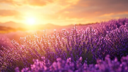 Obraz premium Lavender field at golden sunset. Vibrant purple blossoms fill the foreground. Sunlight bathes the scene in warm hues. Gentle golden light highlights the landscape