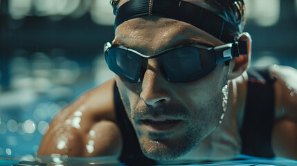 Close up of a swimmer with goggles and swim cap in a pool looking focused and determined face wet skin .