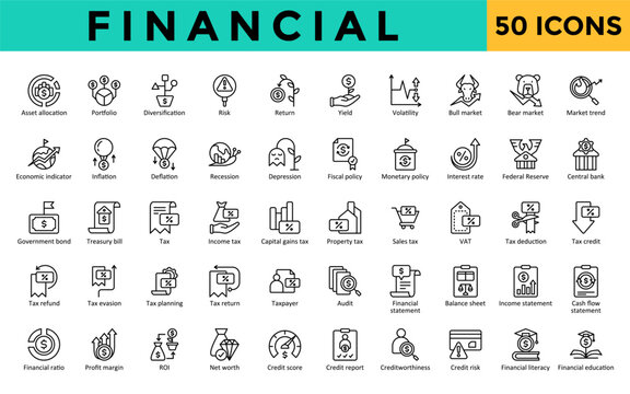 Financial icons set with asset allocation, portfolio, diversification, risk, return, yield, volatility, bull market, bear market, market trend icon. Simple line vector 