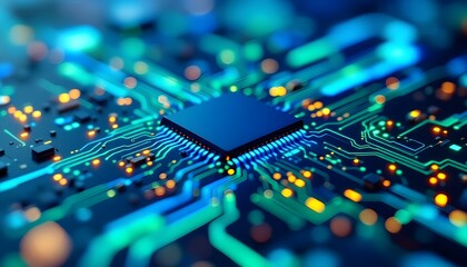 Obraz premium Close-up of a microchip with circuits glowing in blue and green, high-tech background.