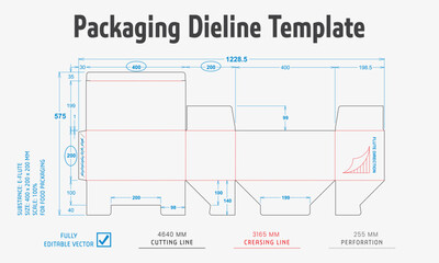 Title: Packaging Dieline Template. 2D Technical Drawing File Eps Scale. Fully editable vector. Prepared for production