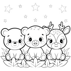 Adorable Cartoon Bear, Deer, and Cub Coloring Page Cute Animal Illustration