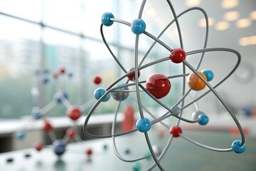 Atomic molecular structure with electrons on a black or blue background, symbolizing science, chemistry, and nuclear physics