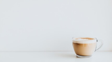 Latte in clear glass cup on white surface