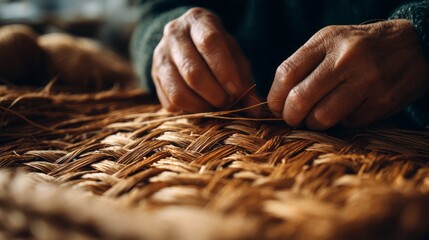 craftsman hands weaving straw basket close-up.