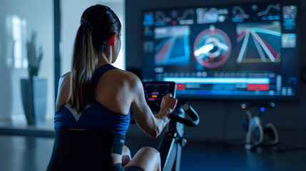 Woman on exercise bike in front of large screen displaying virtual cycling route in modern apartment .