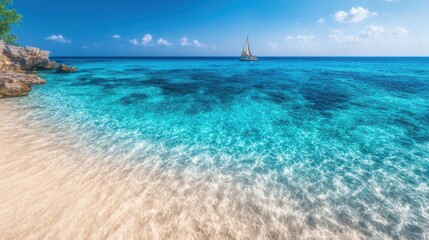 Naklejka premium Tropical beach scene with a sailboat