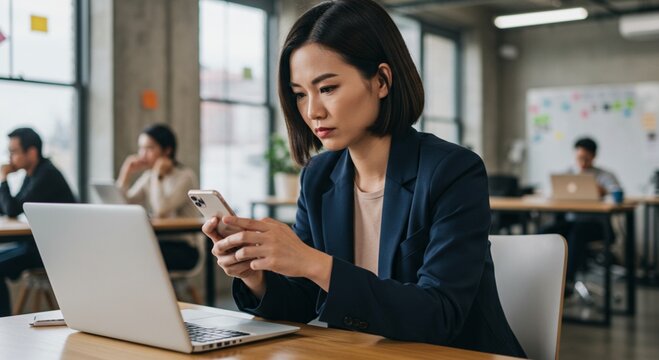 A young professional using a smartphone while a laptop is open in front of them, multitasking at a coworking space, busy expression