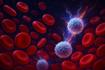 White blood cells attacking pathogens among red blood cells