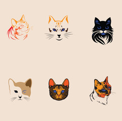 Obraz premium Cat Colorful Face Group Vector Image Set