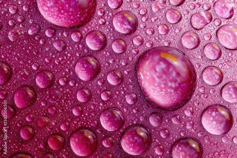 Wall mural close-up of numerous water droplets of varying sizes on a magenta surface, reflecting light and crea