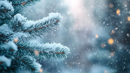 Close-up of a snow-covered evergreen branch in a serene forest setting. Soft winter light highlights the frosted needles. Caption space on the side.