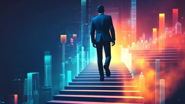 Businessman climbing the stairs to success with futuristic city and data visualization in the background