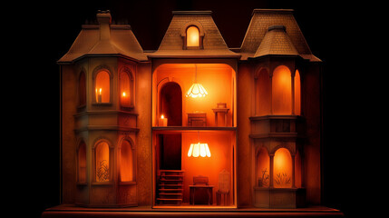 Halloween miniature dollhouse with flickering lights in a spooky Victorian setting